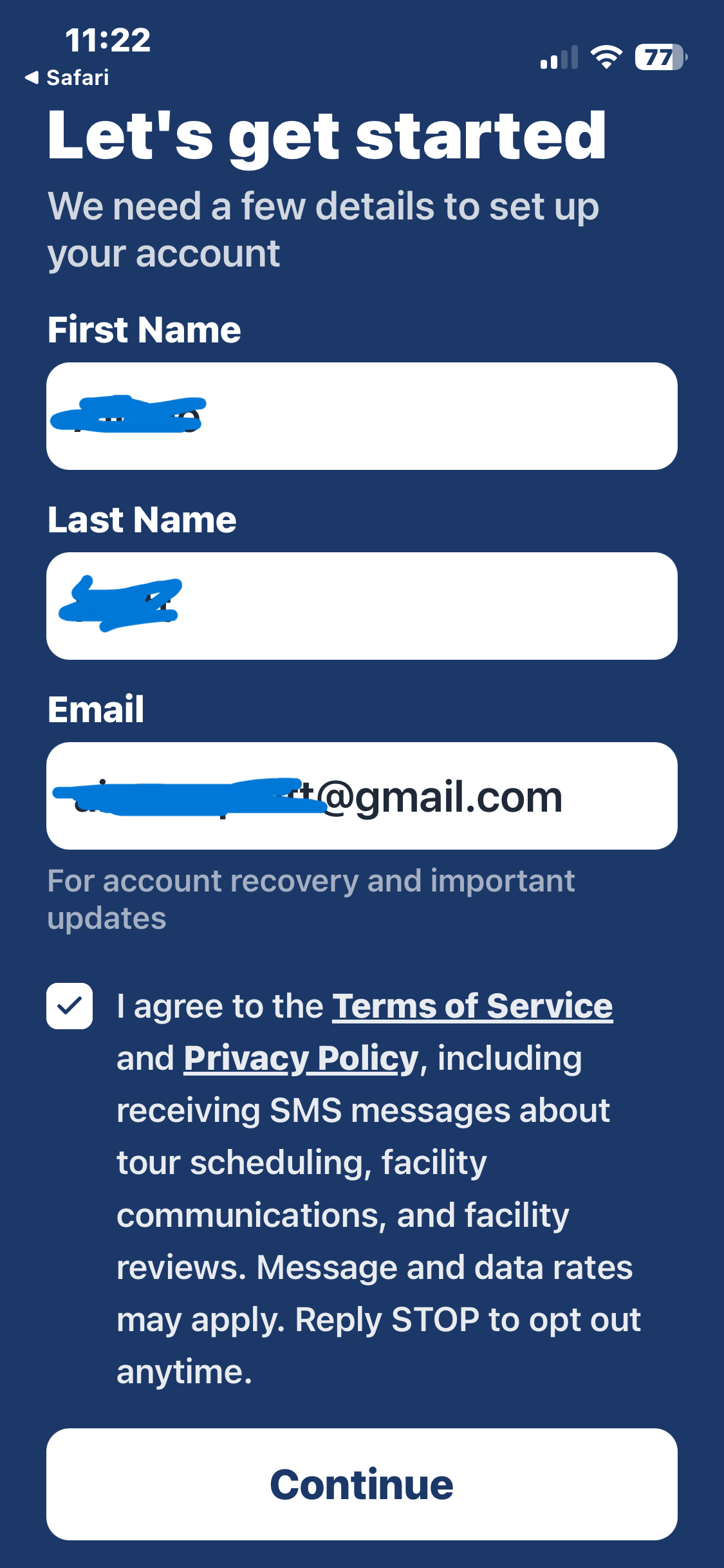User checks consent checkbox agreeing to Terms of Service, Privacy Policy, and SMS communications